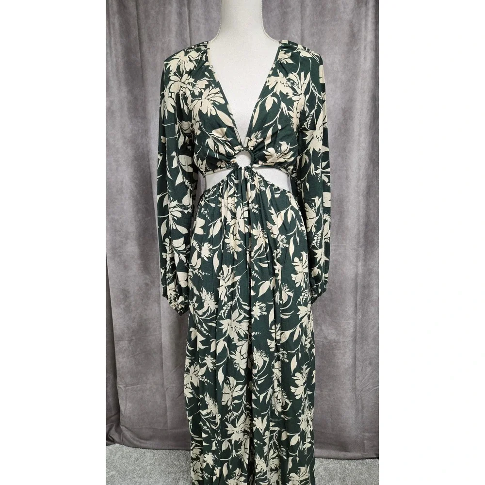 Abercrombie & Fitch Floral Print Cut-Out Maxi Dress Tropical Green Womens Size S